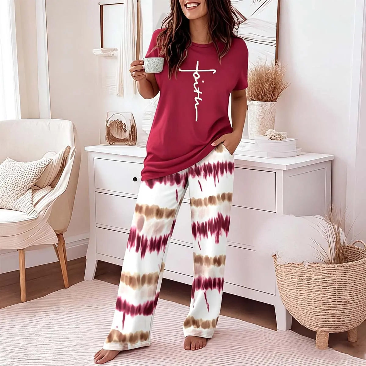 CHICME Women's 2 Piece Sets Round Neck Short Sleeve Top & Ombre Print Loose Pants Matching Pajamas Sets