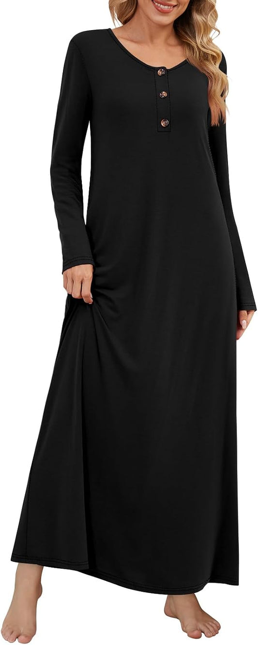 DouBCQ Nightgowns for Women Long Sleeve Button House Dress Soft Sleepwear