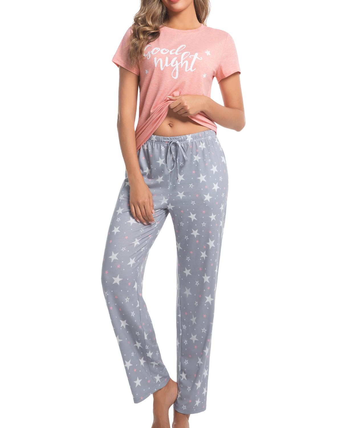 difficort Womens Pajama Sets Short Sleeve Long Pants Sleepwear with Pockets