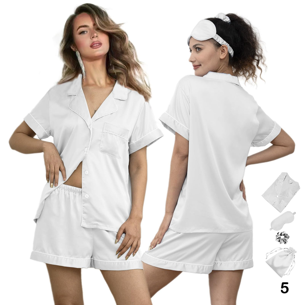 WJing Yi Jia 5Pcs Womens Soft Satin Pajama Set XS-4XL Button-Down Silk Pajamas Floral Sleepwear Bridal Pjs Lounge Pj Sets