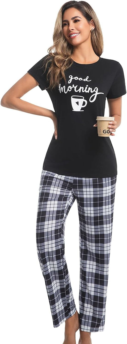 difficort Womens Pajama Sets Short Sleeve Long Pants Sleepwear with Pockets