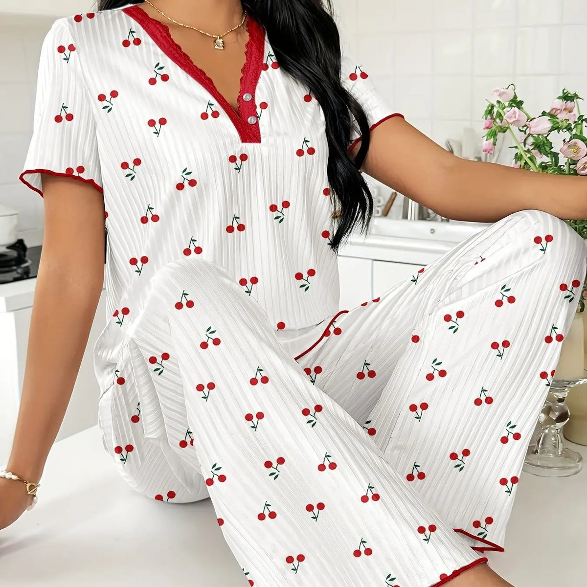 FEITAI Women's Soft 2-Piece Floral Cherry Print Pajama Set - Elastic Ribbed Knit Short Sleeve Button-Front Henley Top with Lace, Comfortable Fabric Stretchy Pants, Feminine Sleepwear Loungewear, Sohochic (PJ Sets for Women)