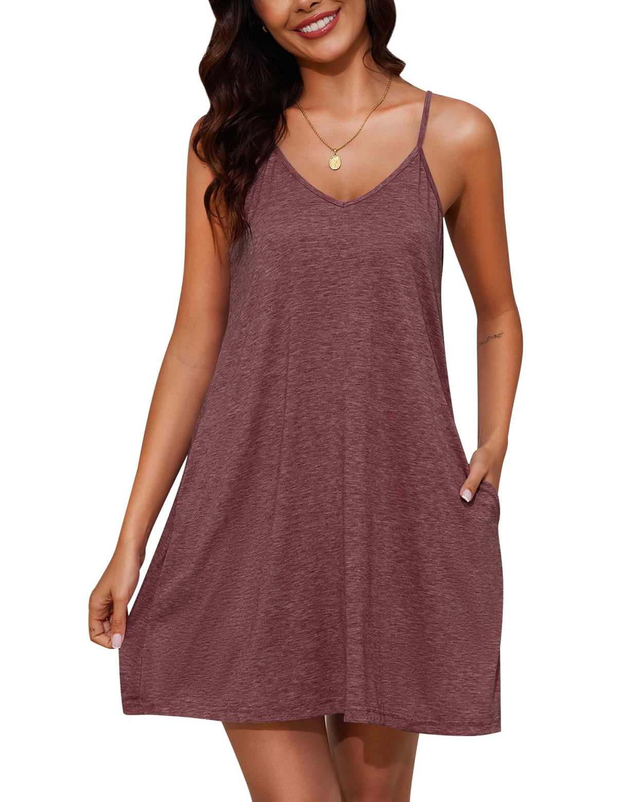 Marvmys Womens Cotton Sleeveless Nightgown Spaghetti Strap V Neck Full Slip Sleep Dress with Pockets