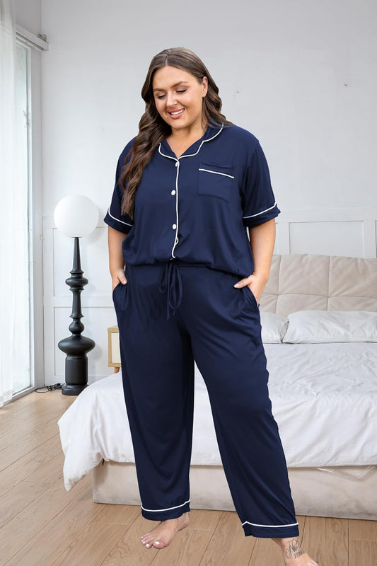 Vozanet Women's Plus Size Pajamas Button Down Shirt and Pants Soft Lounge Sets Bride Nighty Bottom with Pockets 1x to 5x