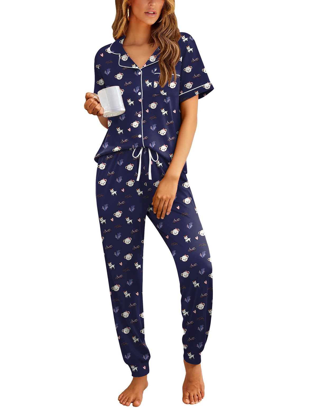 Ekouaer Women Pajama Set Short Sleeve Button Down Pjs with Jogger Pants