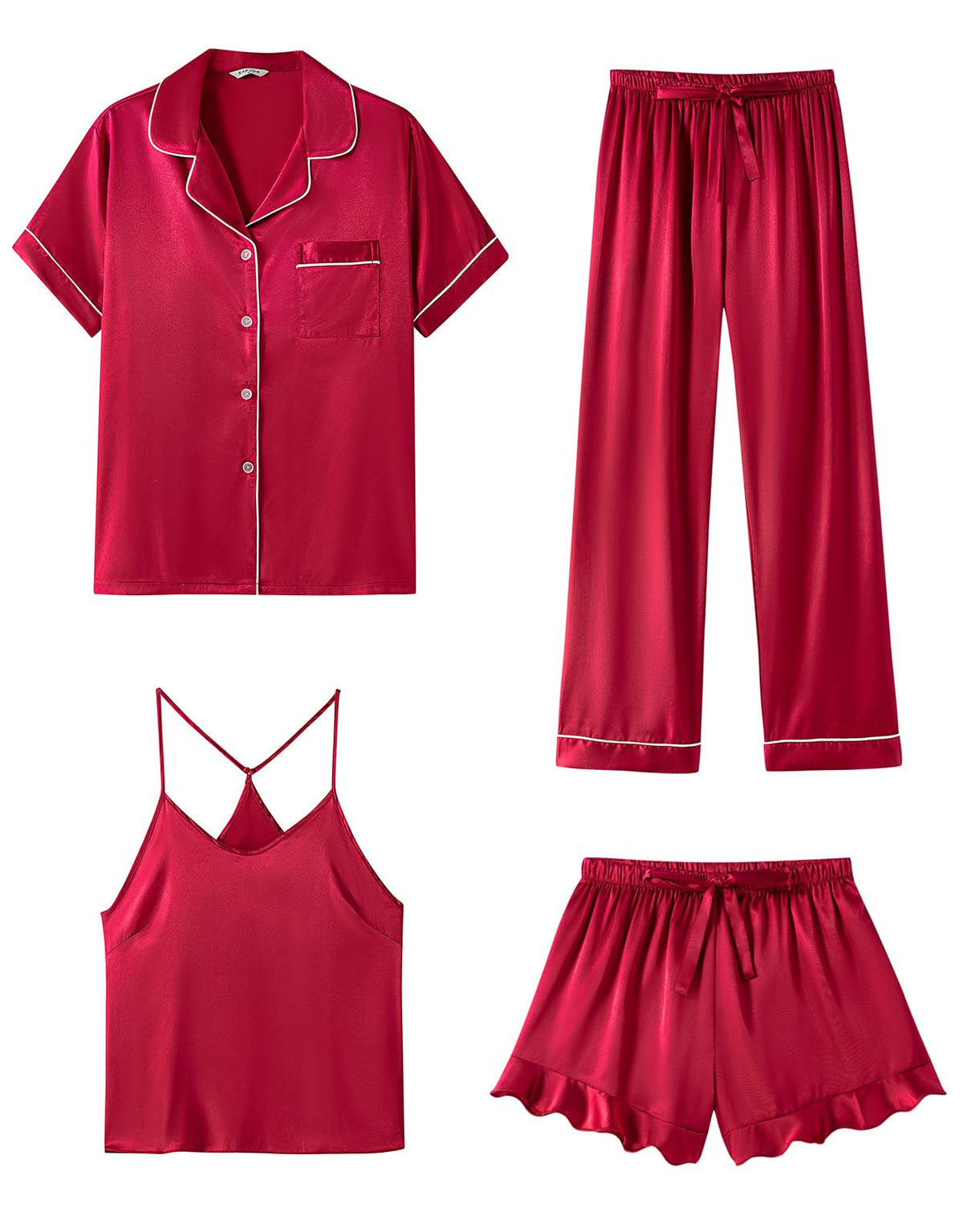 SAPJON Silk Satin 4 Piece Pajamas for Women Set, Camisole Lounge Ruffle Pjs