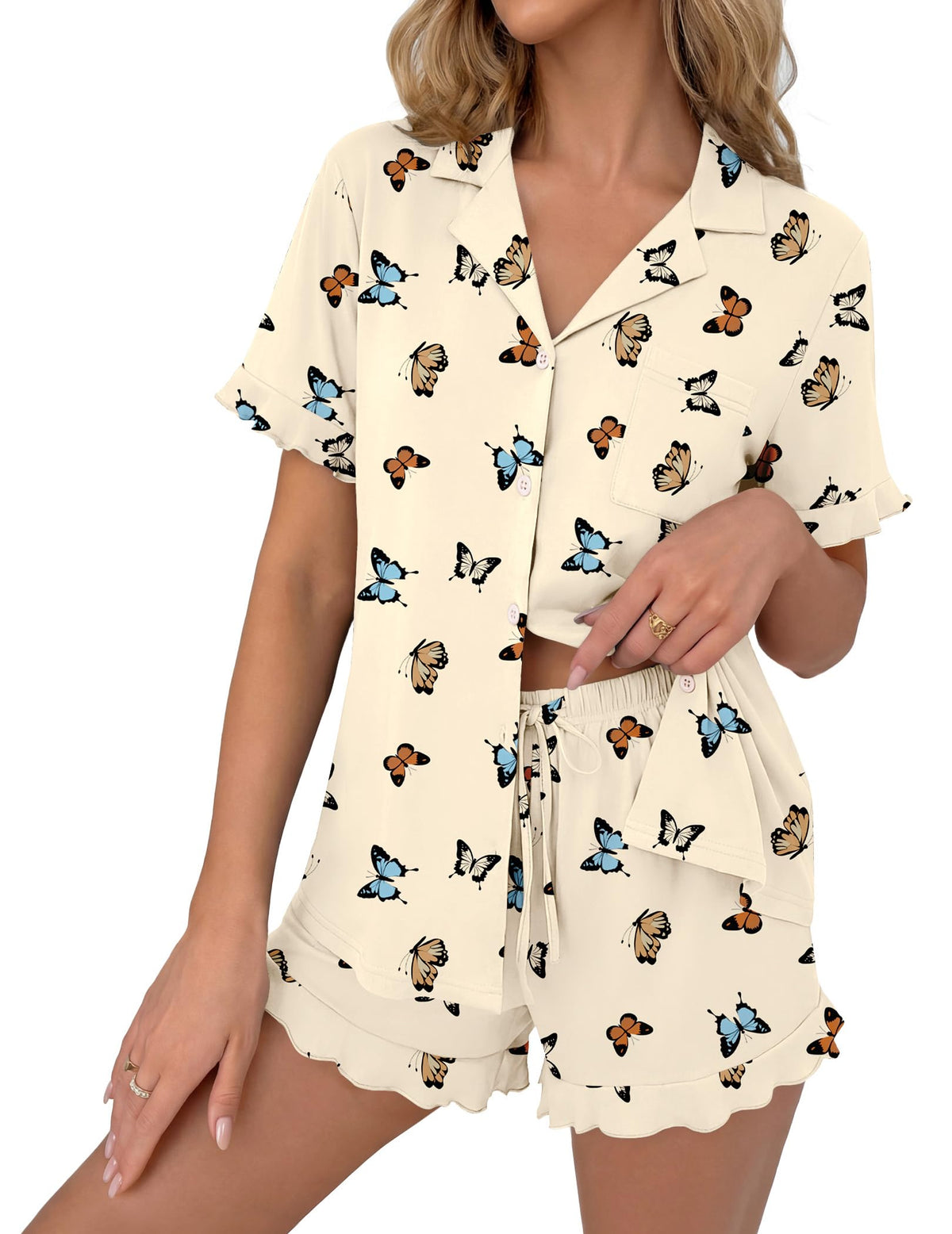Ekouaer Pajamas Set for Women Button Down Pjs Lounge Sets Ruffle Sleepwear
