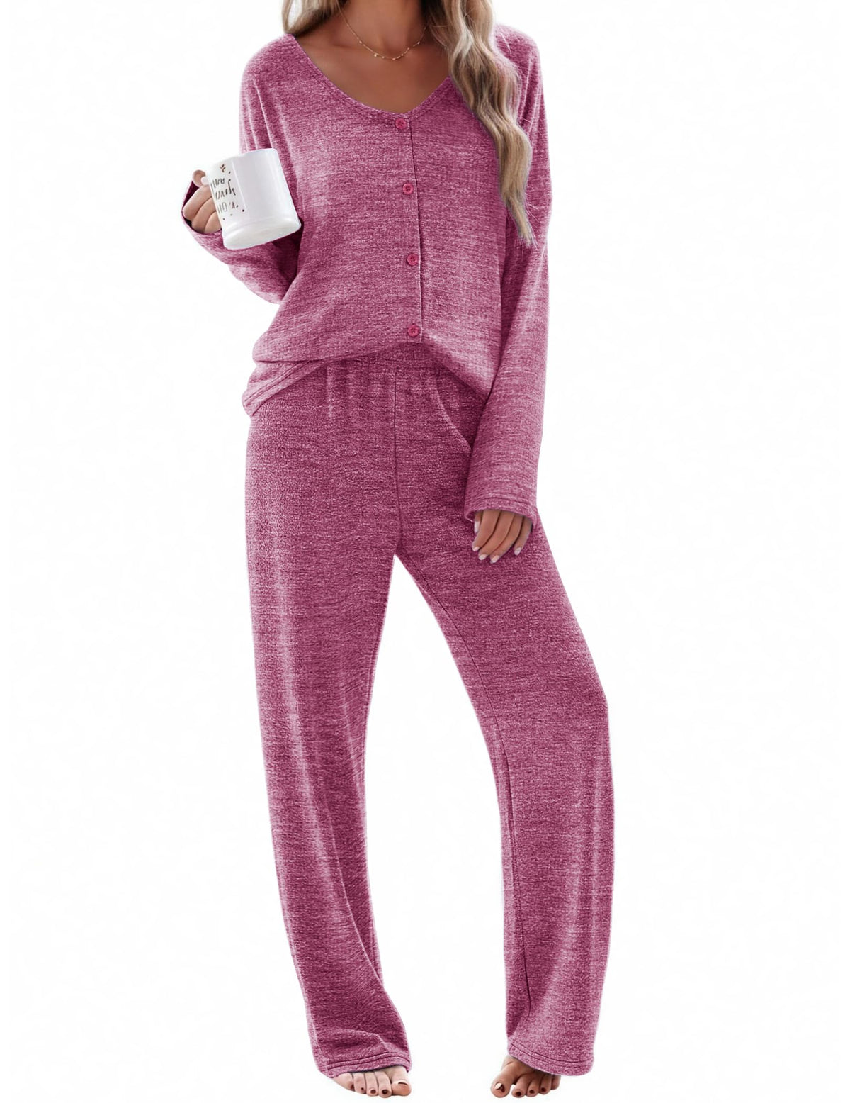 Ekouaer Womens Pajama Sets Button Up Long Sleeve Lounge Set Soft V Neck Pj