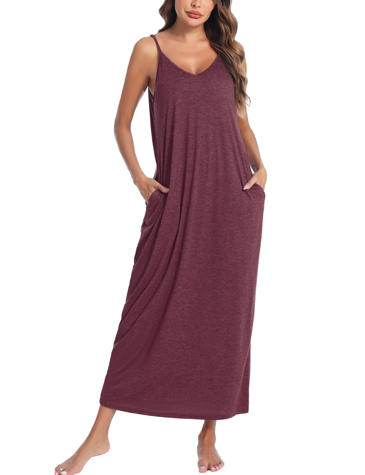 Marvmys Women's Cotton Long Nightgowns Sleeveless Sleep Dress with Pockets