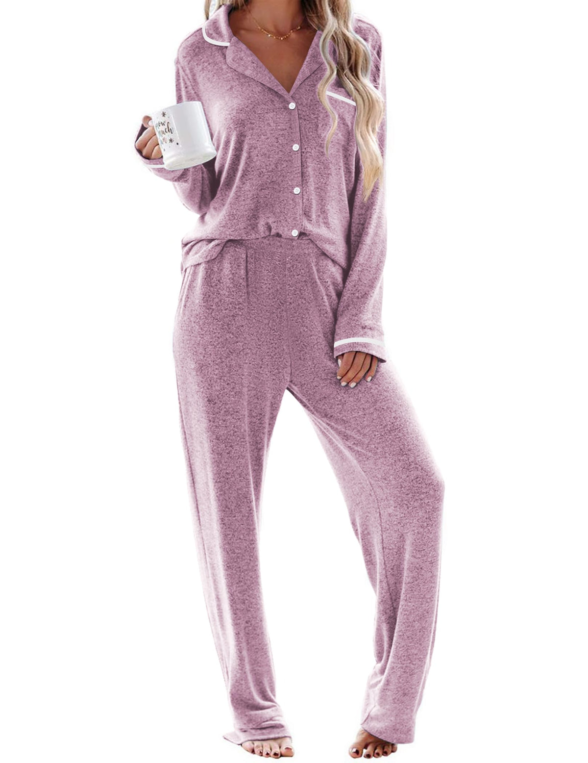 Ekouaer Womens Pajama Sets Long Sleeve Button Down 2 Piece Lounge Set