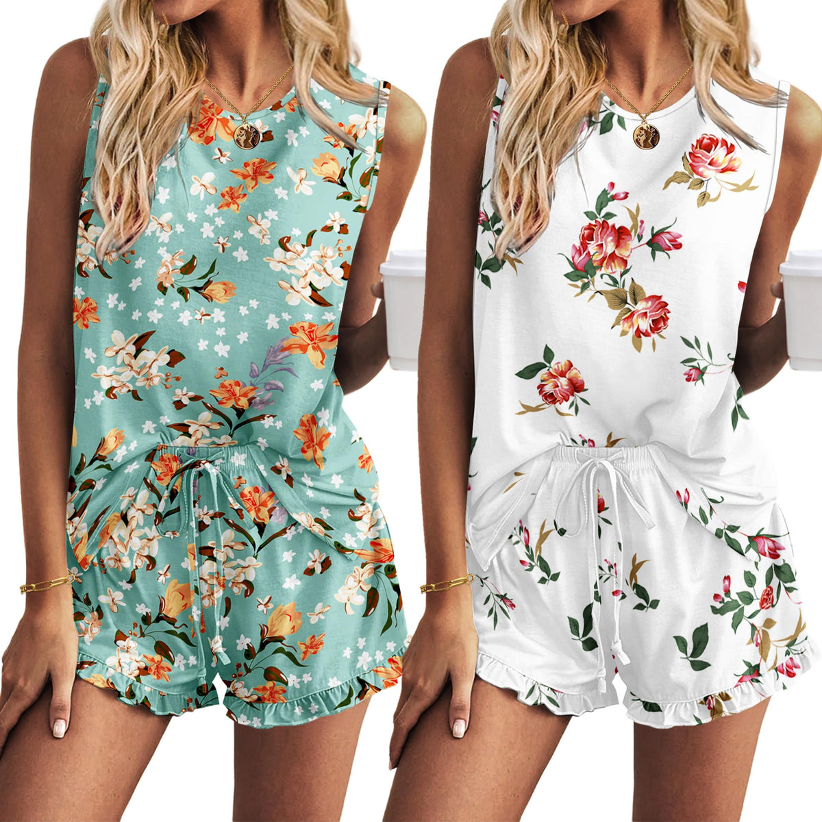 Ekouaer Women Lightweight Summer Pajama Soft Pj Set Sleepwear Tank Top Shorts with Pocket Loungewear Set S-XXL