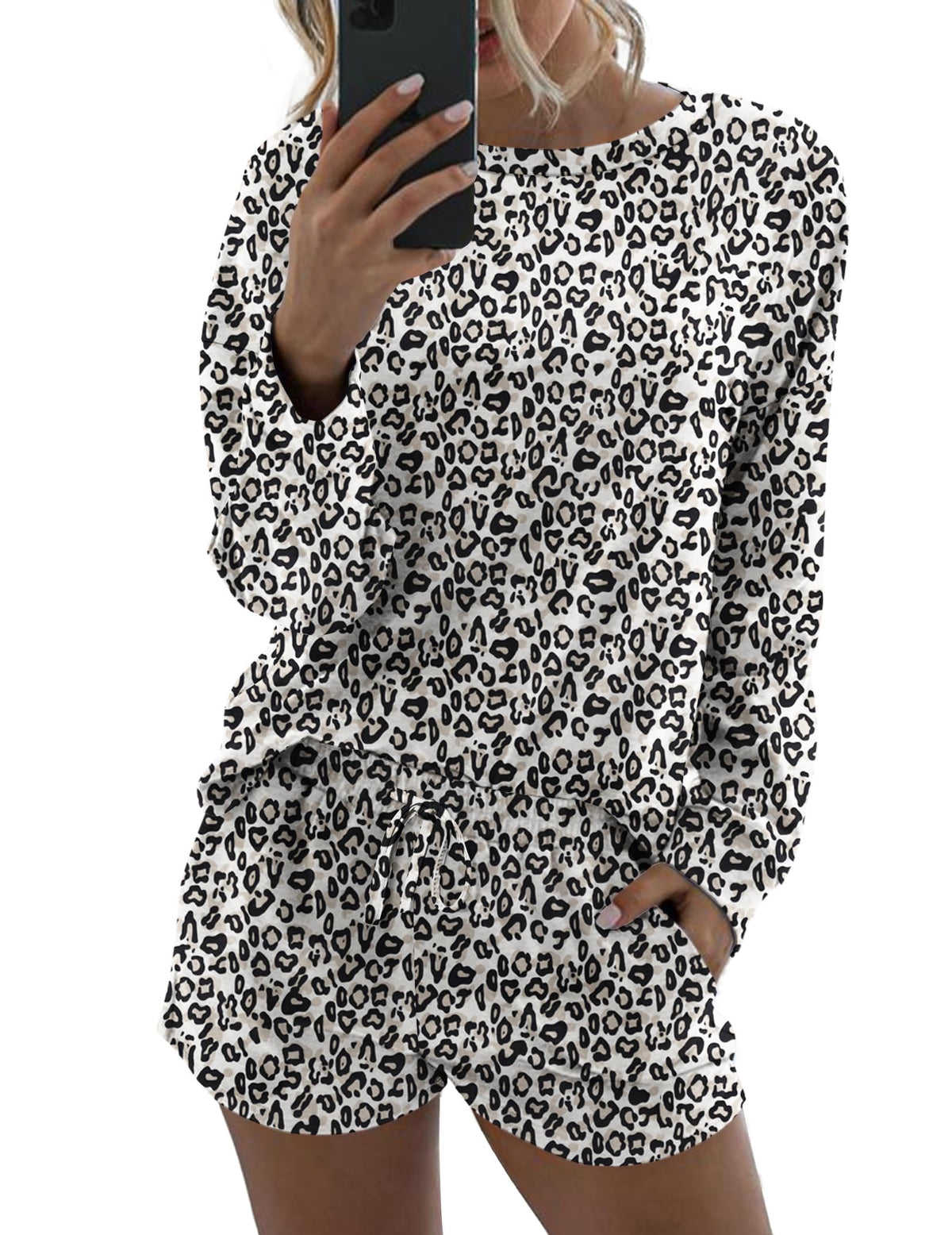 Ekouaer Womens Pajama Sets Long Sleeve Top and Shorts Lounge Set Sleepwear