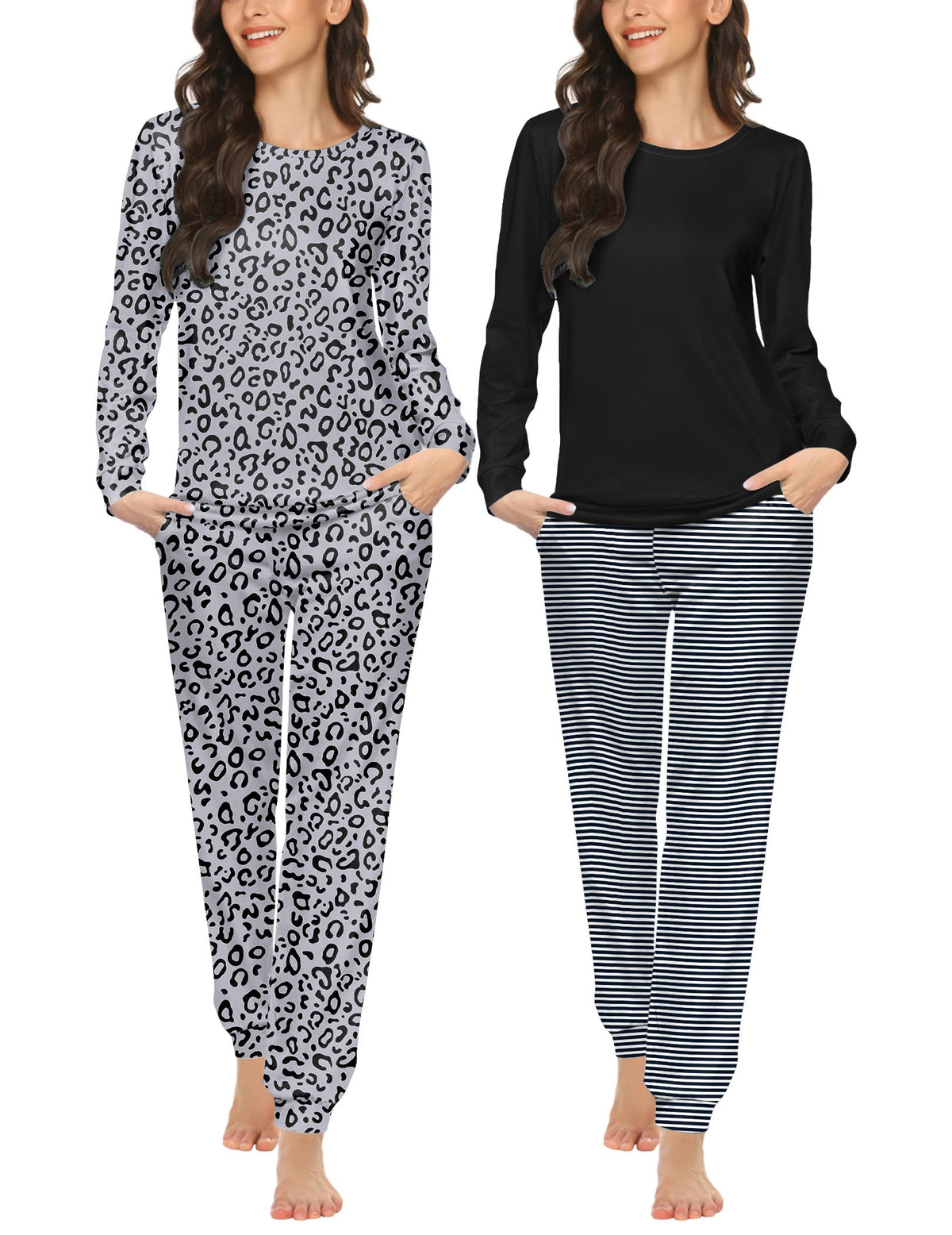 Ekouaer 2 Pack Pajama Sets for Women,Long Sleeve Top Jogger Pant Loungewear