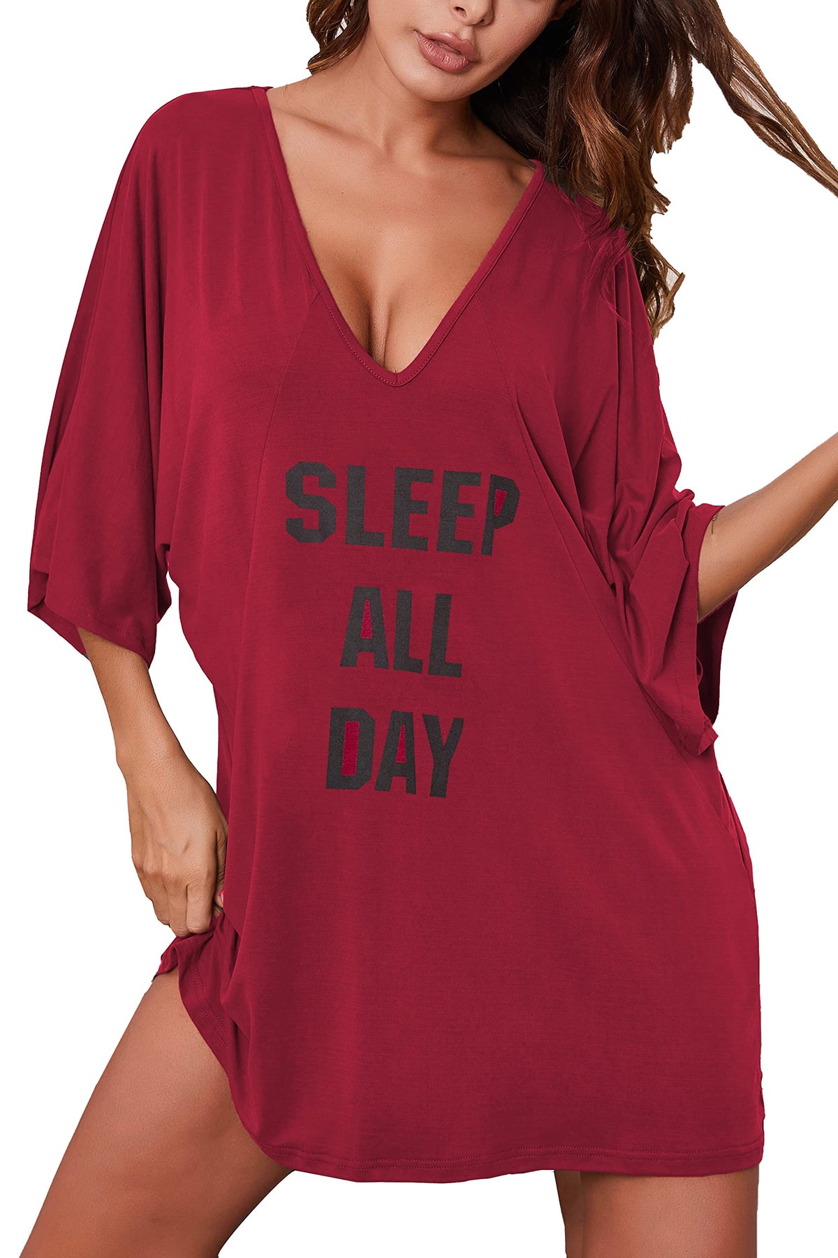 Ekouaer Nightgowns for Women Deep V Neck Sleep Shirt Oversized Night Shirt