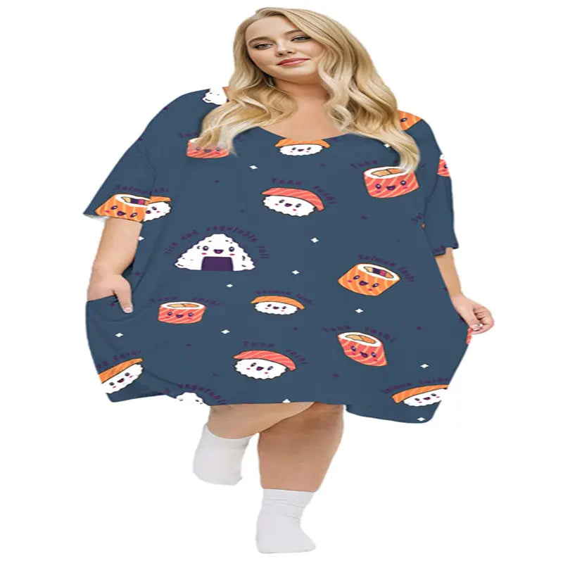 KFUBUO Plus Size Nightgown for Women V-Neck Sleep Dress Pjs Lounge Short Sleeves Sleepwear With Pocket Fit S-5XL Pajamas Elastic Loungewear Breathable Fabric