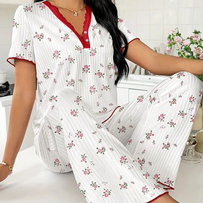 FEITAI Women's Soft 2-Piece Floral Cherry Print Pajama Set - Elastic Ribbed Knit Short Sleeve Button-Front Henley Top with Lace, Comfortable Fabric Stretchy Pants, Feminine Sleepwear Loungewear, Sohochic (PJ Sets for Women)