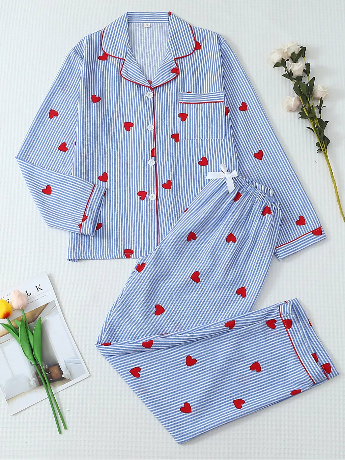 Women's Striped Bow Print Long Sleeve Pajama Set, Sweet Cute Button Front Top and Pants, Casual Home Wear Loungewear for All Seasons