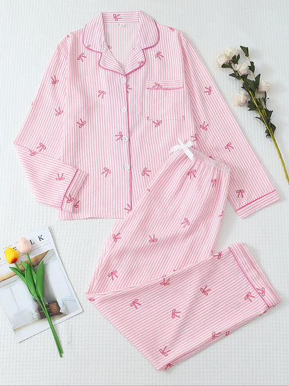 Women's Striped Bow Print Long Sleeve Pajama Set, Sweet Cute Button Front Top and Pants, Casual Home Wear Loungewear for All Seasons
