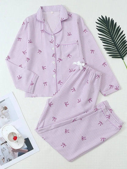 Women's Striped Bow Print Long Sleeve Pajama Set, Sweet Cute Button Front Top and Pants, Casual Home Wear Loungewear for All Seasons
