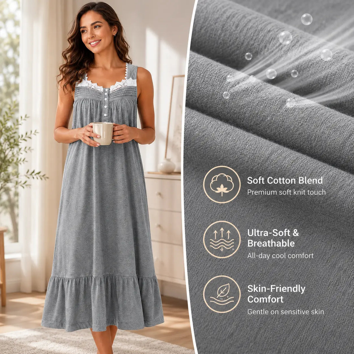 Women's Long Sleeveless Nightgown with Pockets - Soft Plus Size (3XL) Sleep Dress, Bridal Maternity Everyday Lounge Wear, Fabric with Bow Lace Contrast Mesh, V-Neck Stylish Floral Cami Gift, Button, Elegant