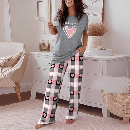 CHICME Women's 2 Piece Sets Round Neck Short Sleeve Top & Ombre Print Loose Pants Matching Pajamas Sets