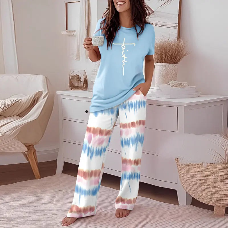 CHICME Women's 2 Piece Sets Round Neck Short Sleeve Top & Ombre Print Loose Pants Matching Pajamas Sets