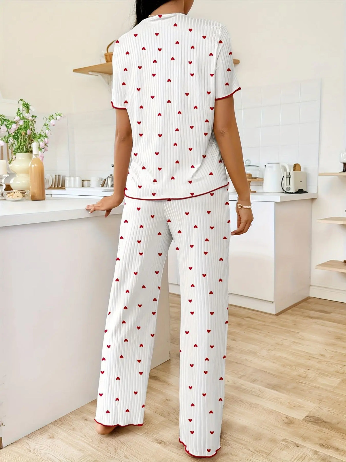 FEITAI Women's Soft 2-Piece Floral Cherry Print Pajama Set - Elastic Ribbed Knit Short Sleeve Button-Front Henley Top with Lace, Comfortable Fabric Stretchy Pants, Feminine Sleepwear Loungewear, Sohochic (PJ Sets for Women)