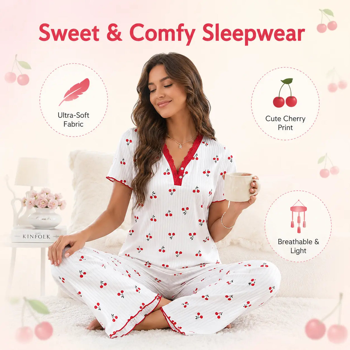 FEITAI Women's Soft 2-Piece Floral Cherry Print Pajama Set - Elastic Ribbed Knit Short Sleeve Button-Front Henley Top with Lace, Comfortable Fabric Stretchy Pants, Feminine Sleepwear Loungewear, Sohochic (PJ Sets for Women)