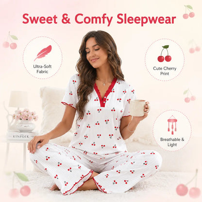 FEITAI Women's Soft 2-Piece Floral Cherry Print Pajama Set - Elastic Ribbed Knit Short Sleeve Button-Front Henley Top with Lace, Comfortable Fabric Stretchy Pants, Feminine Sleepwear Loungewear, Sohochic (PJ Sets for Women)