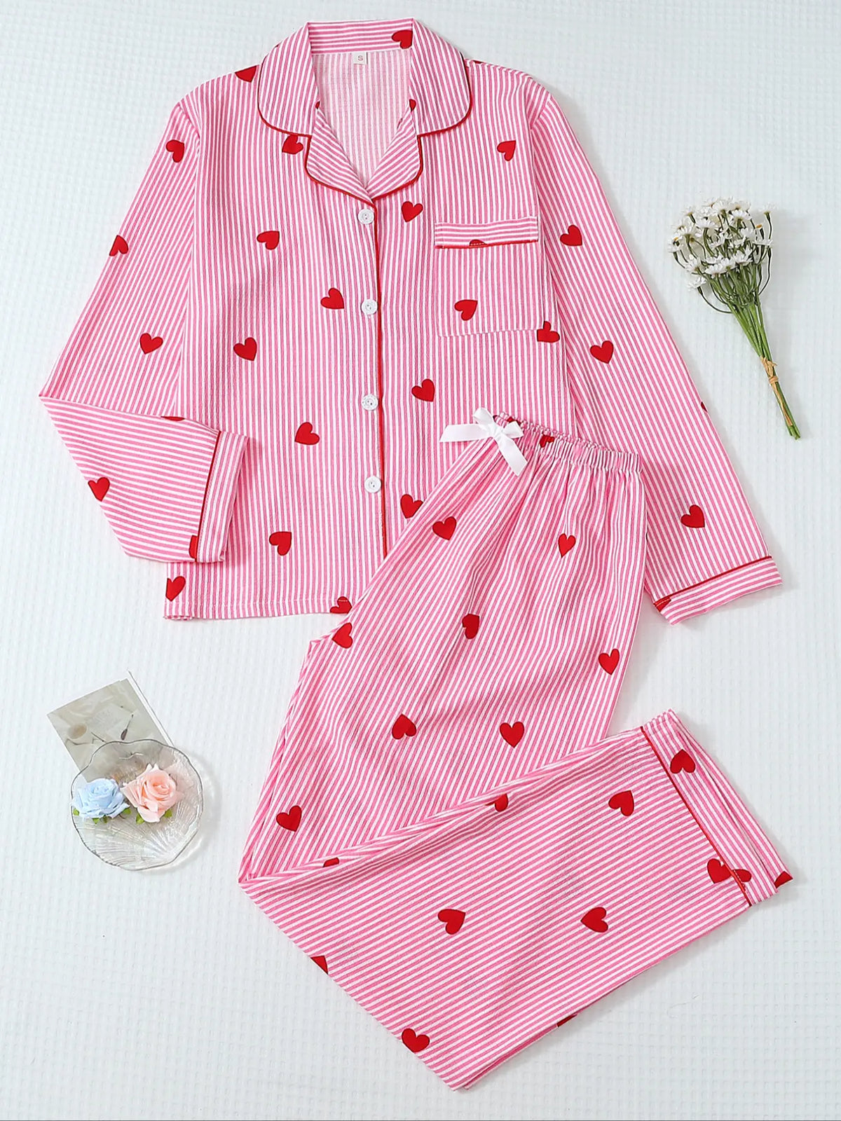 Women's Striped Bow Print Long Sleeve Pajama Set, Sweet Cute Button Front Top and Pants, Casual Home Wear Loungewear for All Seasons