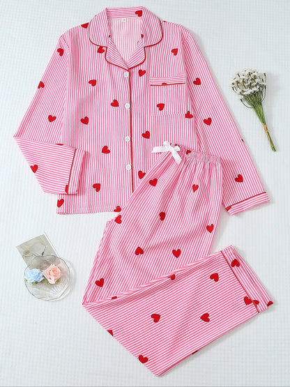 Women's Striped Bow Print Long Sleeve Pajama Set, Sweet Cute Button Front Top and Pants, Casual Home Wear Loungewear for All Seasons