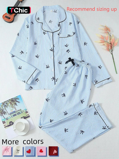 Women's Striped Bow Print Long Sleeve Pajama Set, Sweet Cute Button Front Top and Pants, Casual Home Wear Loungewear for All Seasons