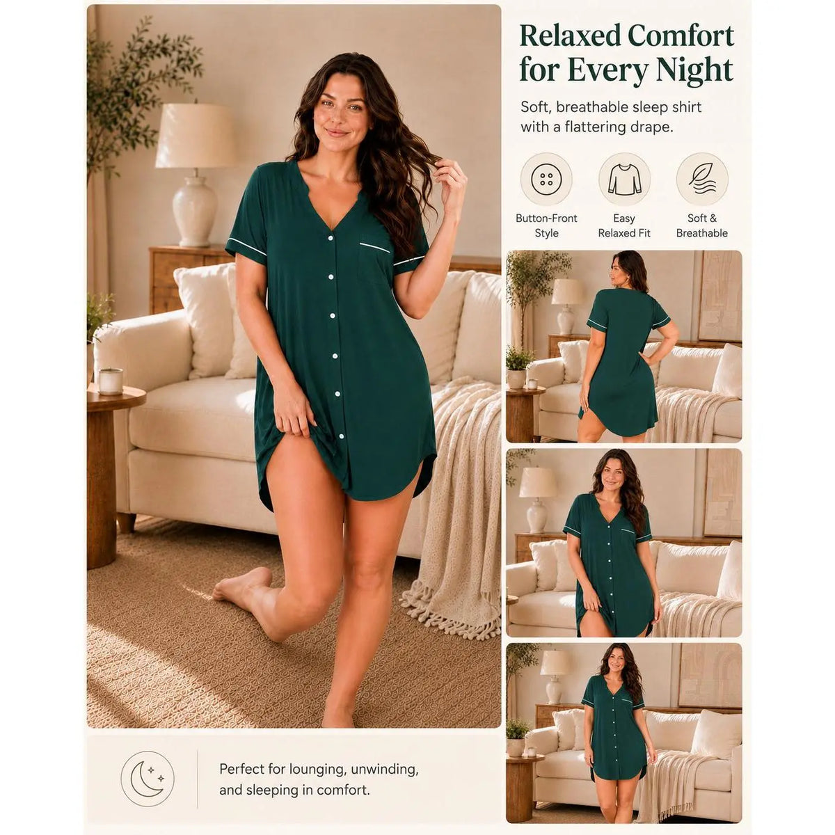 FAIRYFOREST Women's Oversized Button Down Pajama Dress, V Neck Short Sleeve Sleep Shirt Dress with Pocket, Comfortable Loose Fit Nightgown Loungewear Homewear for Plus Size Curvy Women