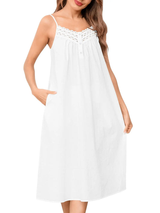 SWOMOG Women's Victorian Style Cotton Sleeveless Lace Nightgown-Pajama, Soft Rayon Lady Casual Nightwear with Inner Pockets, Decorative Buttons, Adjustable Straps, Machine Washable, Low Temp Tumble/Hang Dry, Ideal Gift for Daughter
