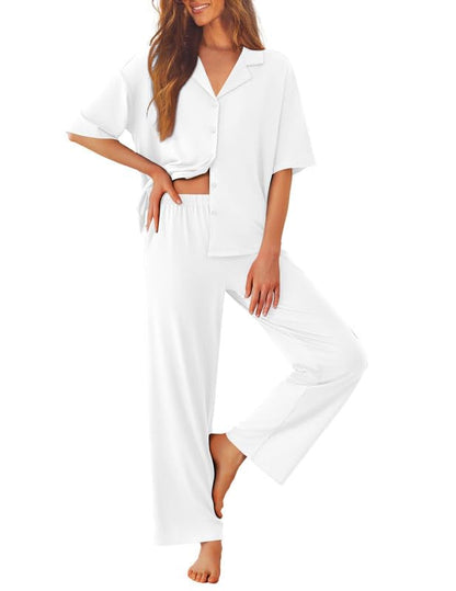 Ekouaer Women Pajamas Set Button Down Sleepwear Short Sleeve Pjs Long Pants