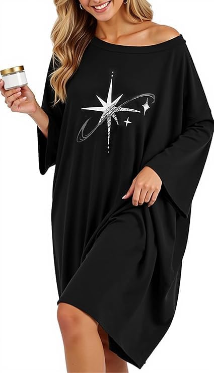HONGTEYA Plus Size Nightgowns for Women Oversized Sleep Tshirts Dress Short Sleeves Sleepwear With Pocket Fit S-5XL