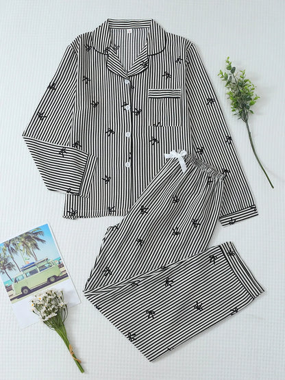 Women's Striped Bow Print Long Sleeve Pajama Set, Sweet Cute Button Front Top and Pants, Casual Home Wear Loungewear for All Seasons