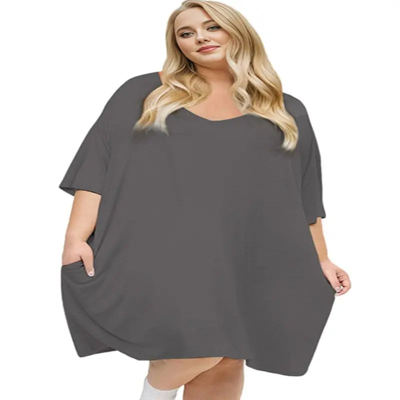 KFUBUO Plus Size Nightgown for Women V-Neck Sleep  Dress Pjs Lounge Short Sleeves Sleepwear With Pocket Fit S-5XL Pajamas Elastic Loungewear Breathable Fabric
