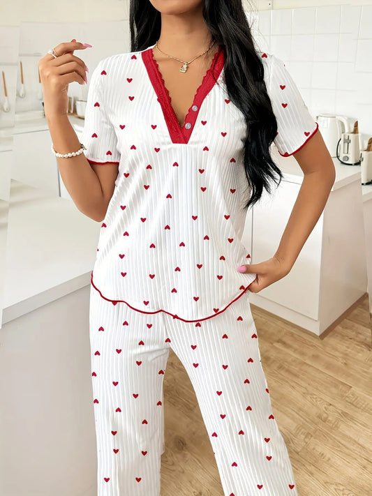 FEITAI Women's Soft 2-Piece Floral Cherry Print Pajama Set - Elastic Ribbed Knit Short Sleeve Button-Front Henley Top with Lace, Comfortable Fabric Stretchy Pants, Feminine Sleepwear Loungewear, Sohochic (PJ Sets for Women)
