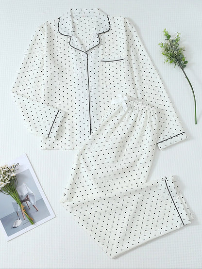 Women's Striped Bow Print Long Sleeve Pajama Set, Sweet Cute Button Front Top and Pants, Casual Home Wear Loungewear for All Seasons