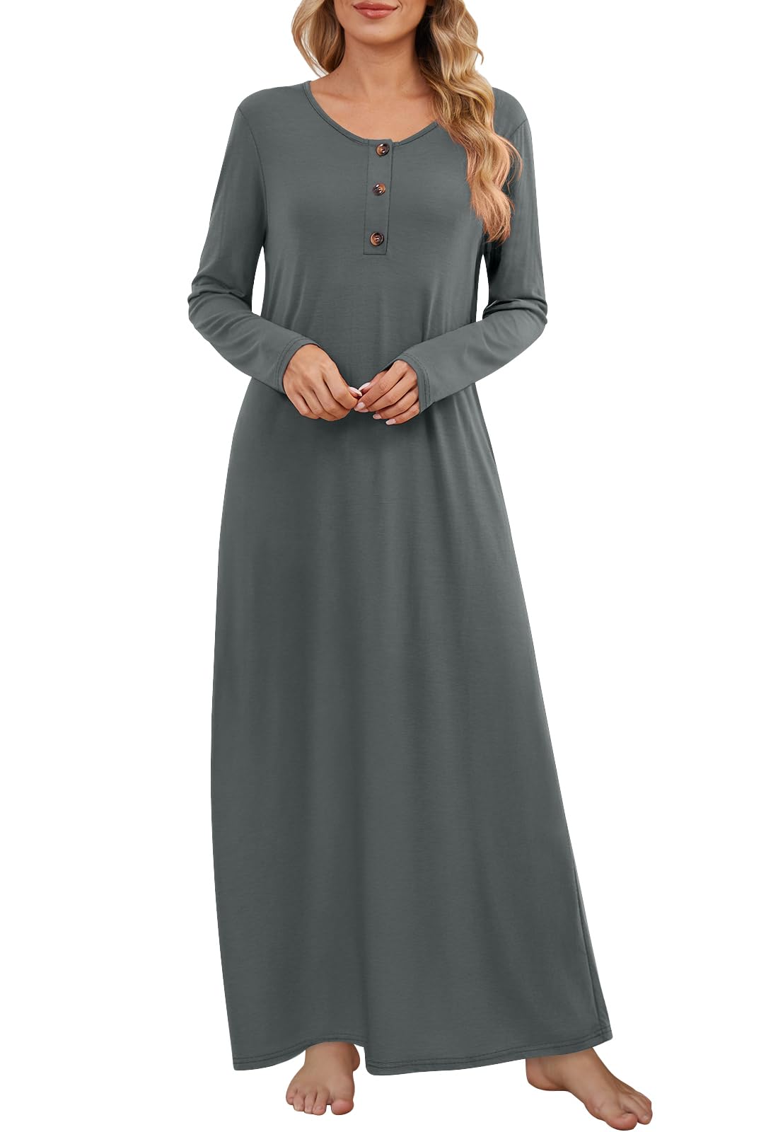 DouBCQ Nightgowns for Women Long Sleeve Button House Dress Soft Sleepwear