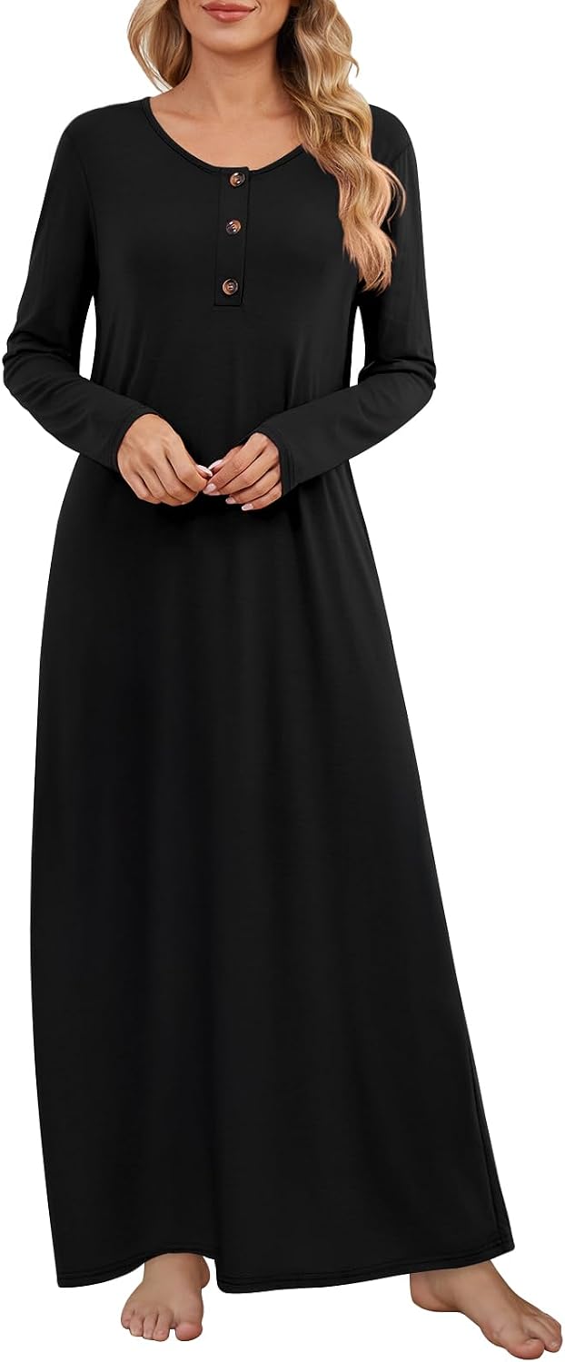 DouBCQ Nightgowns for Women Long Sleeve Button House Dress Soft Sleepwear