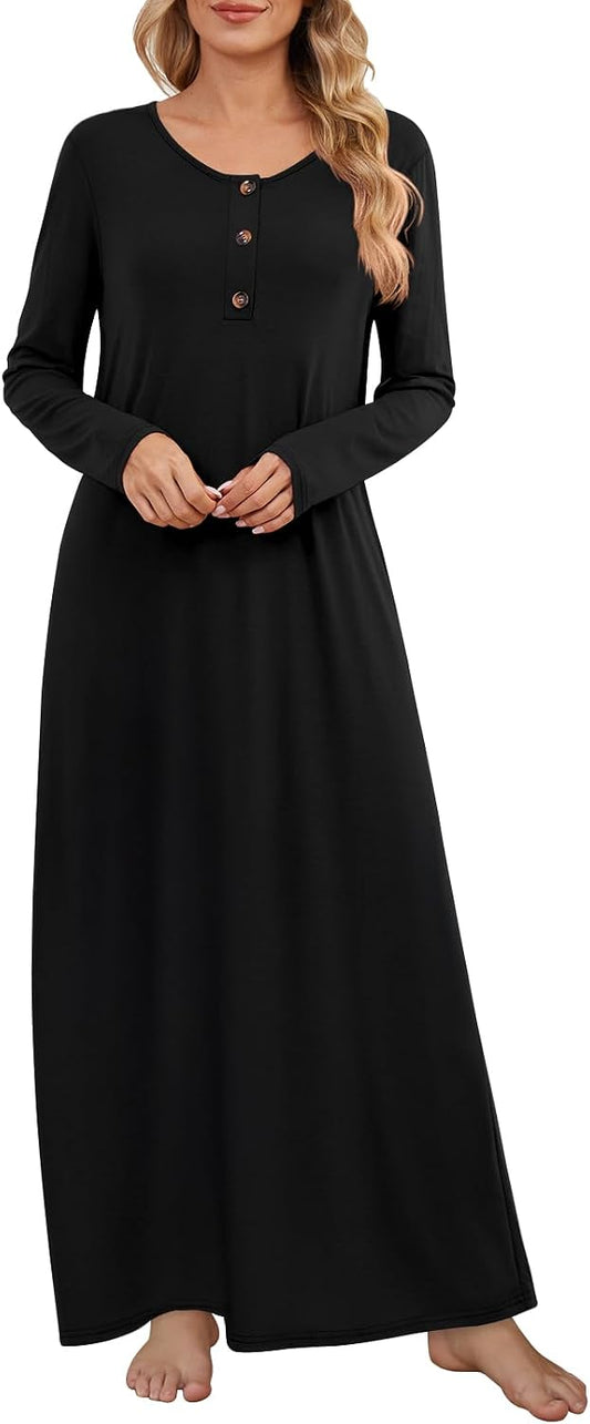 DouBCQ Nightgowns for Women Long Sleeve Button House Dress Soft Sleepwear