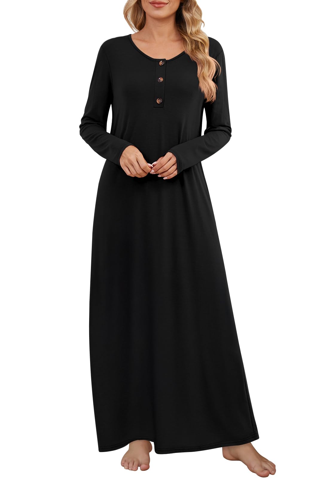 DouBCQ Nightgowns for Women Long Sleeve Button House Dress Soft Sleepwear