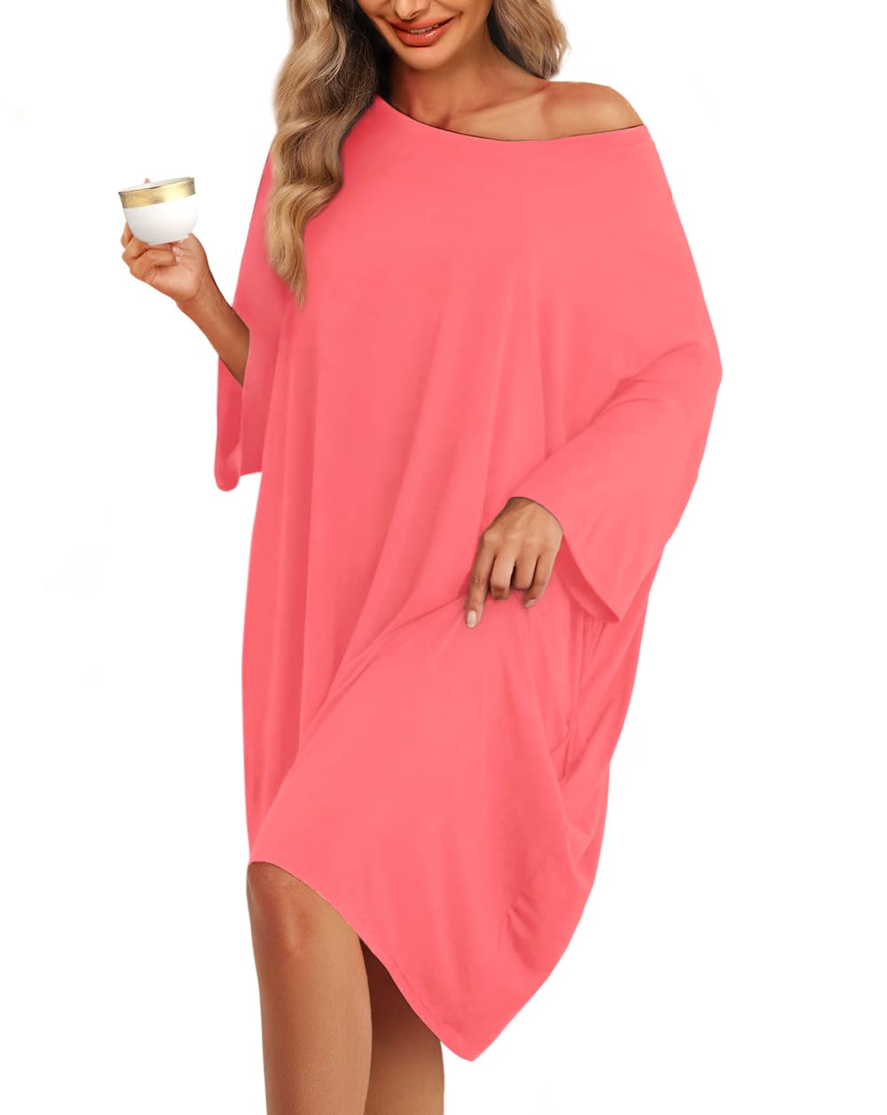 KFUBUO Plus Size Nightgowns for Women Oversized Sleep Tshirts Dress Short Sleeves Sleepwear With Pocket Fit S-5XL