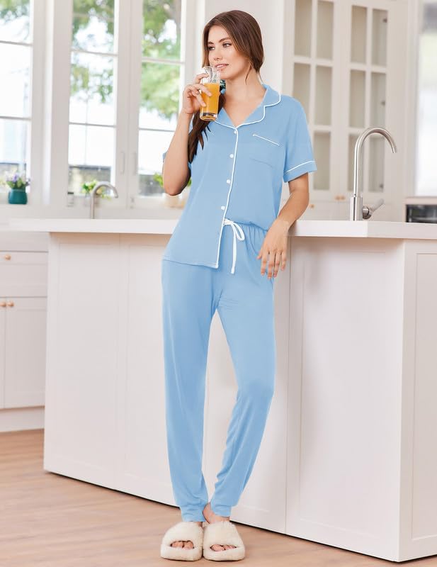 Ekouaer Women Pajama Set Short Sleeve Button Down Pjs with Jogger Pants