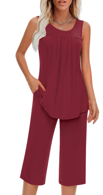 Findsweet Women Pajamas Sets Loungewear Soft Sleepwear Two Piece Summer Sleeveless Pjs Tank Top Pants with Pocket S-4XL