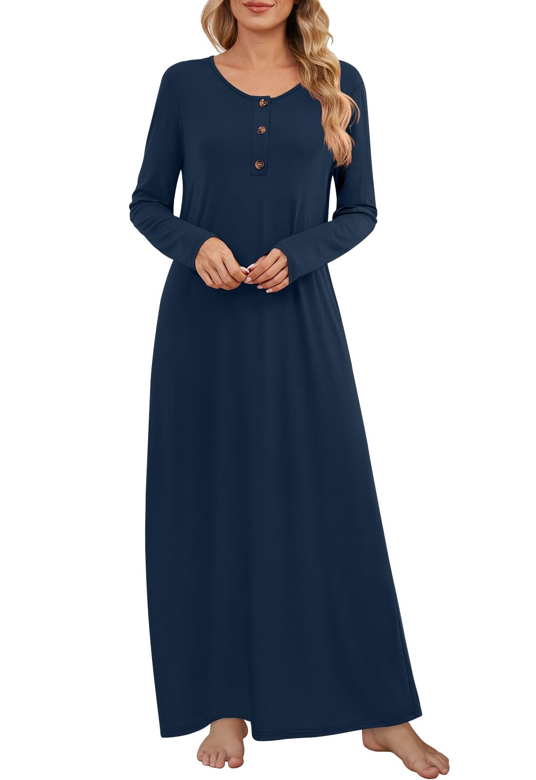 DouBCQ Nightgowns for Women Long Sleeve Button House Dress Soft Sleepwear