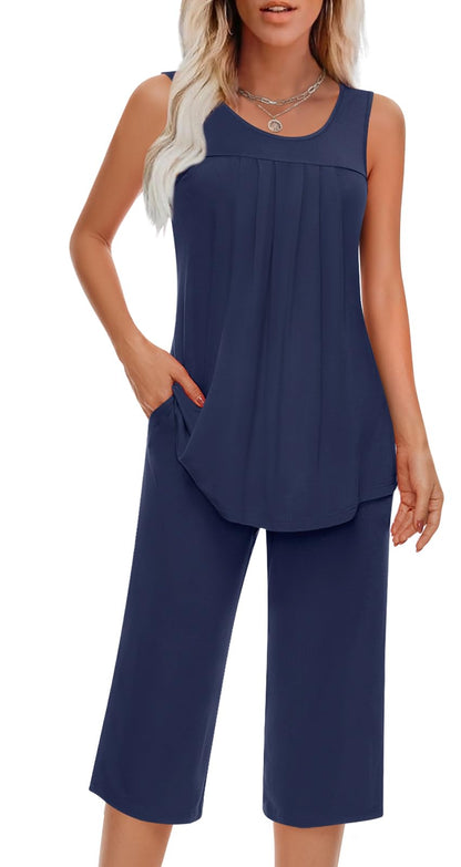 Findsweet Women Pajamas Sets Loungewear Soft Sleepwear Two Piece Summer Sleeveless Pjs Tank Top Pants with Pocket S-4XL