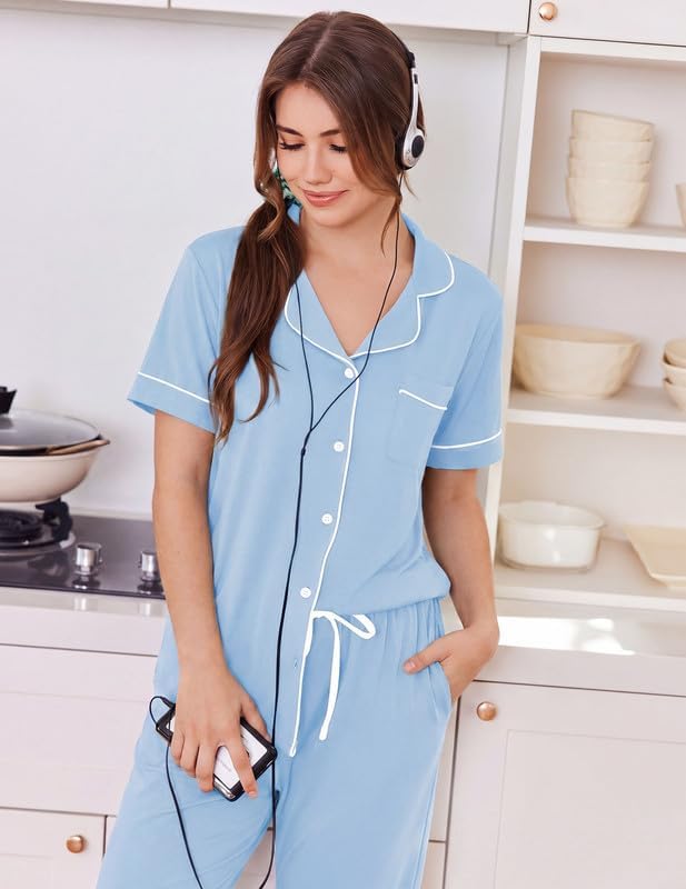 Ekouaer Women Pajama Set Short Sleeve Button Down Pjs with Jogger Pants